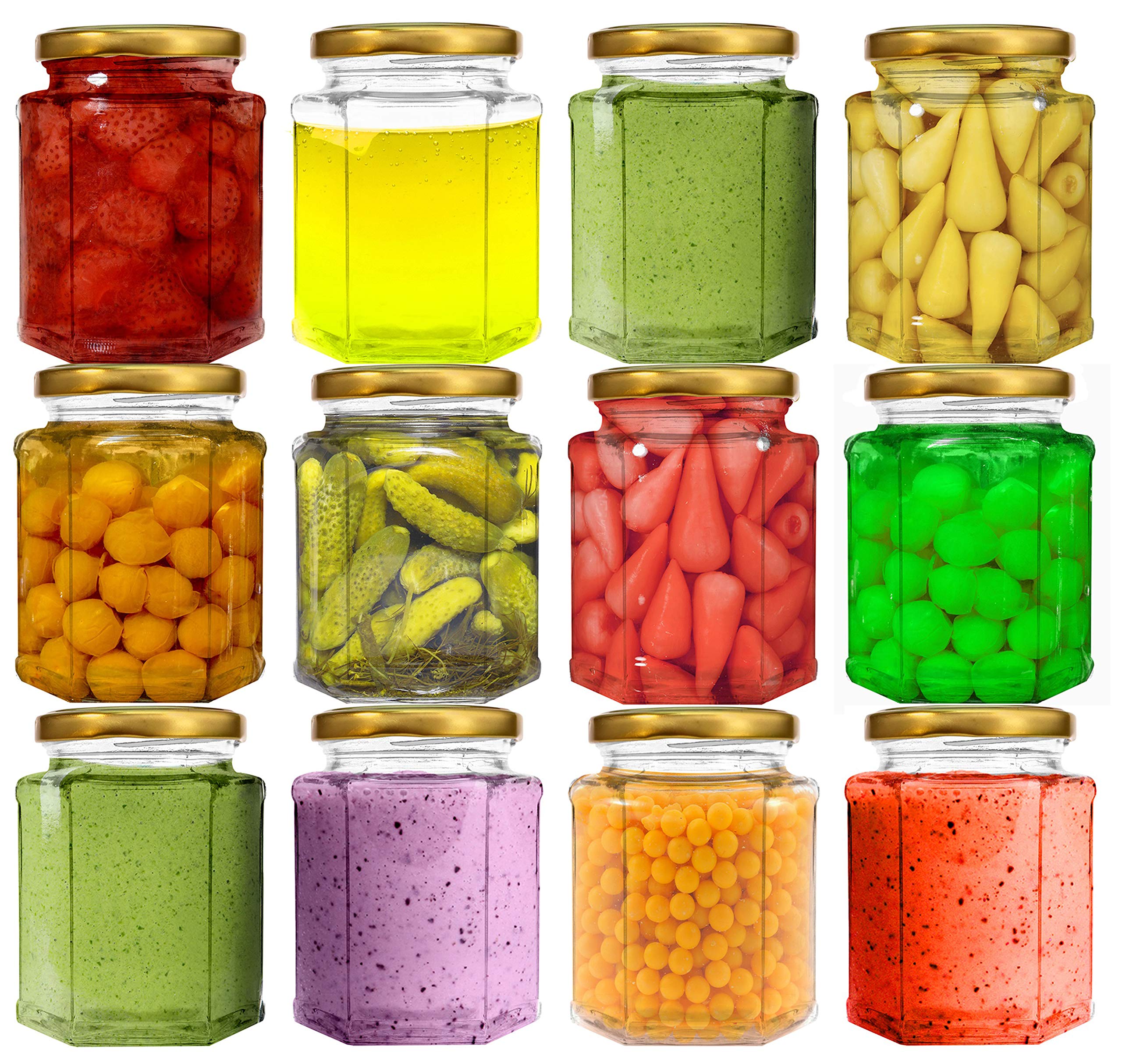 Cloudsell Hexagon Glass Jar With Air Tight Gold Metal Cap, 200 Ml, Set Of 12, Transparent